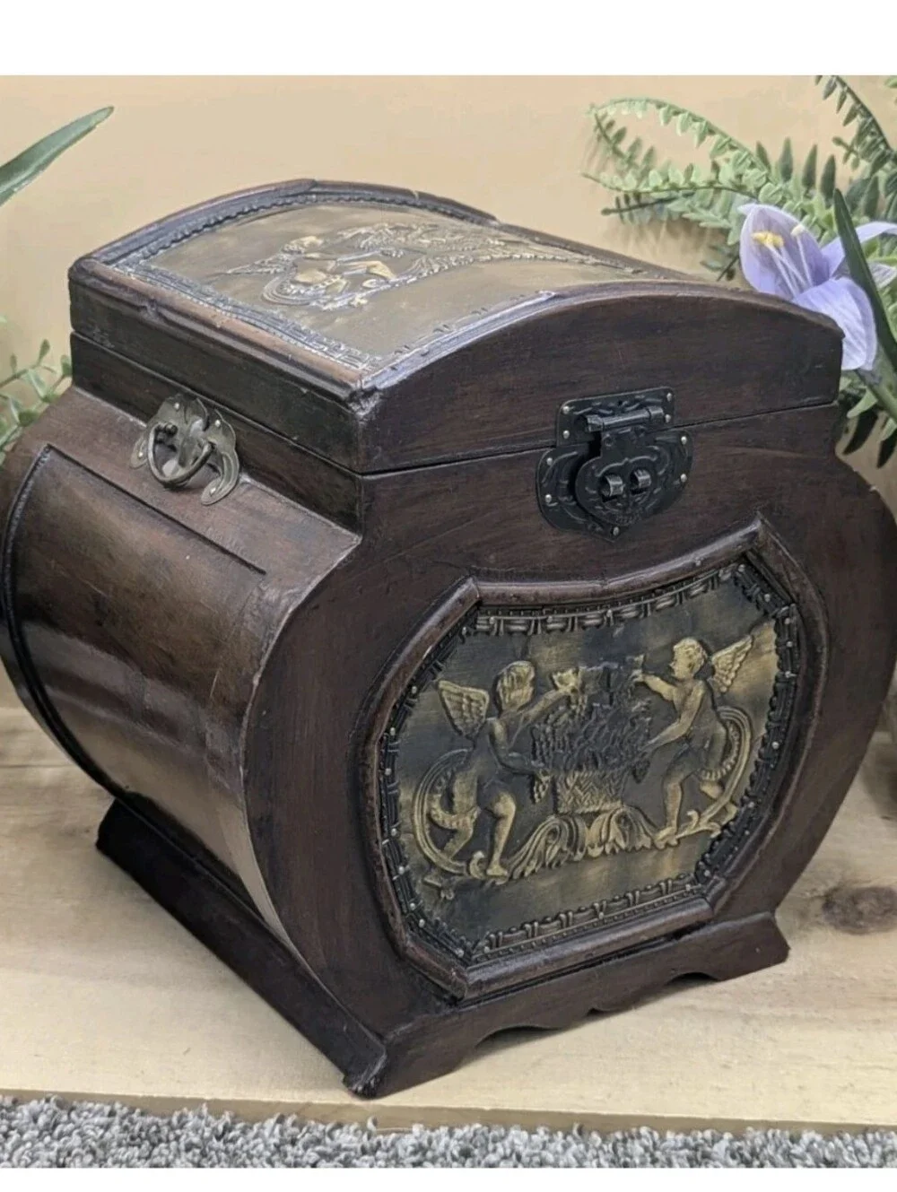 Wooden Cupid Cherbium Hand Crafted Metal Inlay Felt Lined Storage Keepsake Box